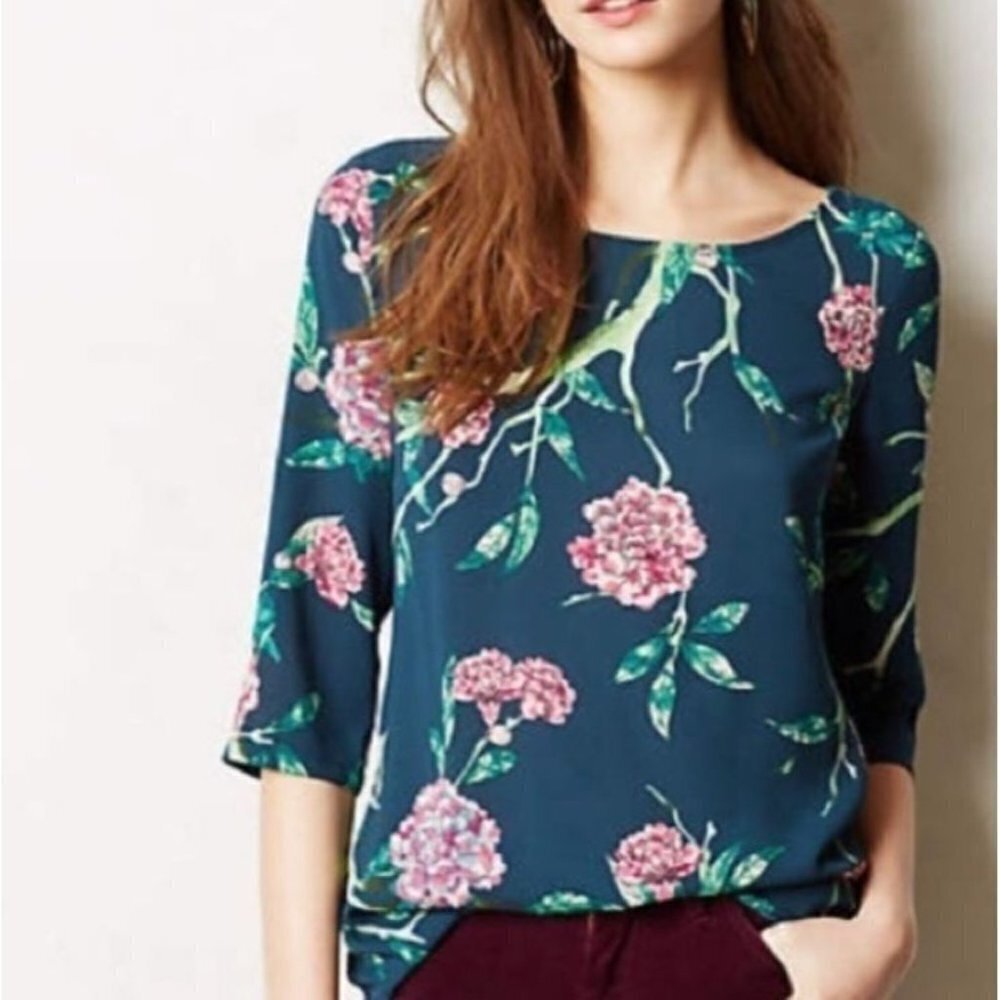 Anthropologie HD in Paris Green Floral 3/4 Sleeve Blouse Size 2 Top